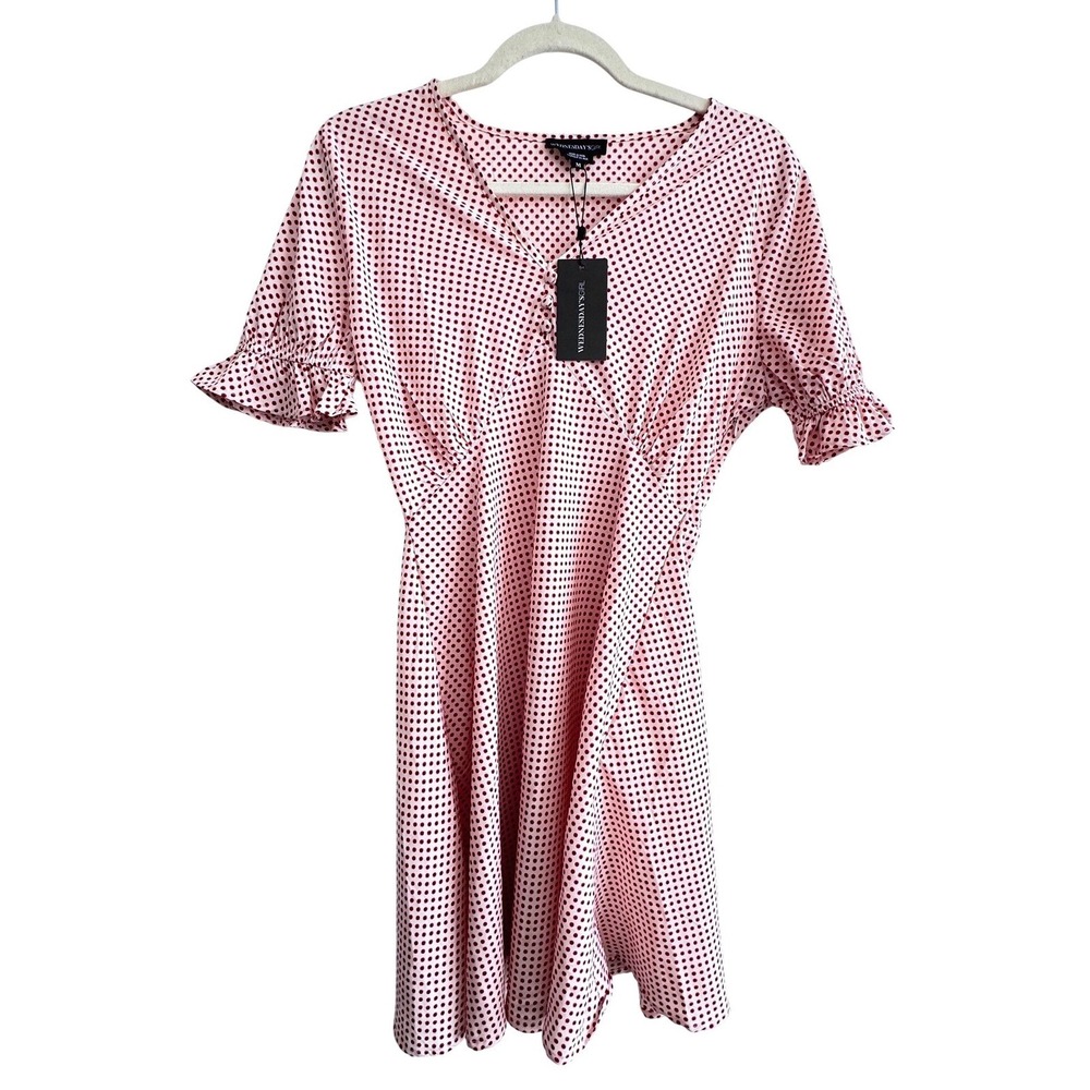 NWT Wednesday Girl Gingham Style Mini Dress Size Medium Polka Dot Ruffle Sleeve